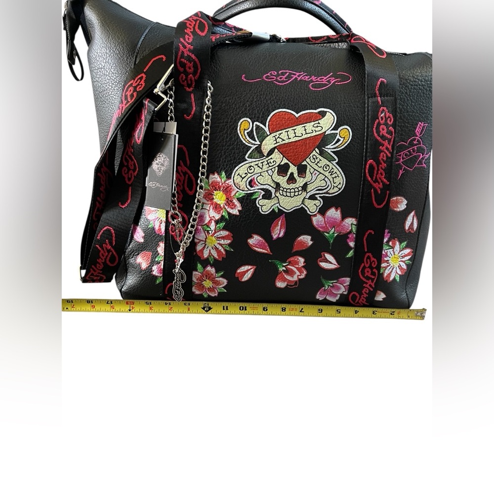 Ed Hardy Black Floral Skull Embroidery Tote Bag - Picture 10 of 11
